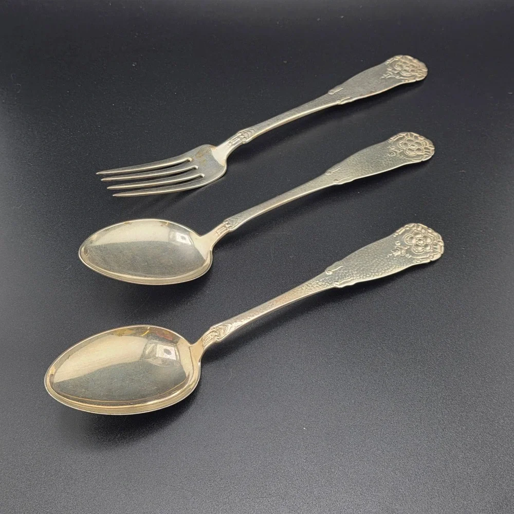Antique A. Frisch 830S Silver Flatware‎ Set 3pc Floral Monogrammed 1926